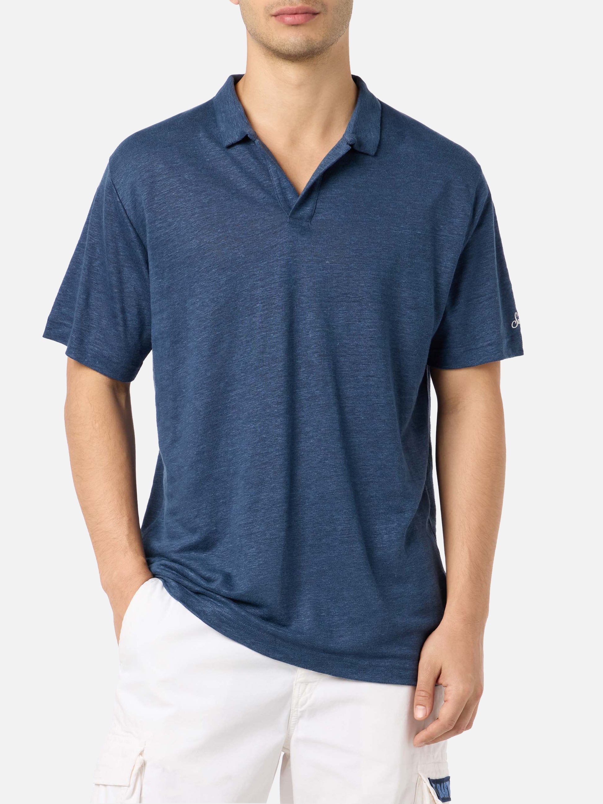 Navy blue linen buttonless polo shirt Fraser - MC2 Saint Barth