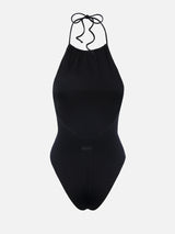 Woman black halter neck one piece swimsuit