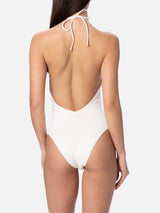 Woman cream halter neck one piece swimsuit