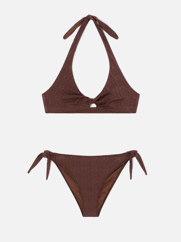 Bikini Leda Yali in tessuto sangallo marrone