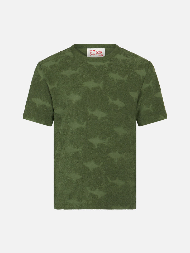 Boy military terry t-shirt Gary with shark embossed pattern - MC2 Saint Barth