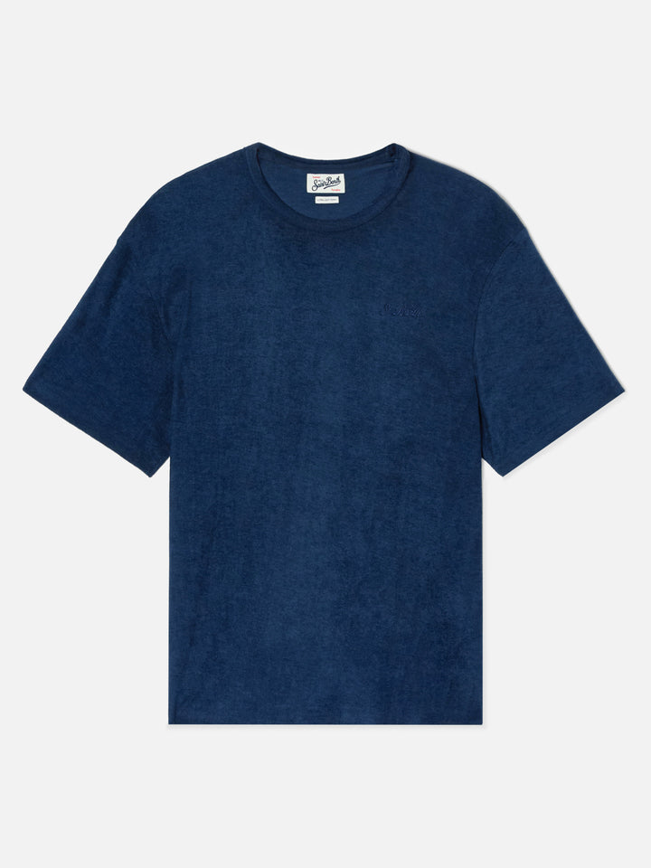 Blue Gary cotton terry-effect t-shirt with logo embroidery