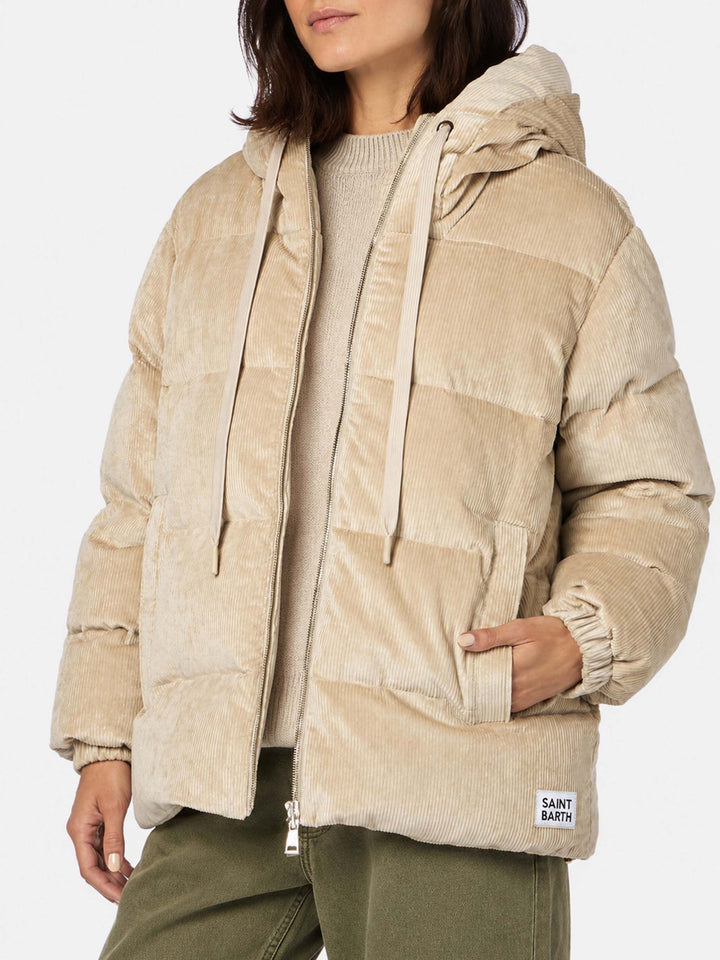 Piumino Geneve in velluto a coste beige con cappuccio