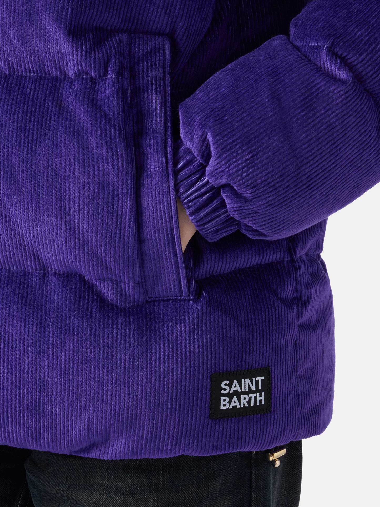 Lila Damen-Daunenjacke aus Cord mit Kapuze