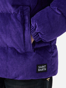 Lila Damen-Daunenjacke aus Cord mit Kapuze