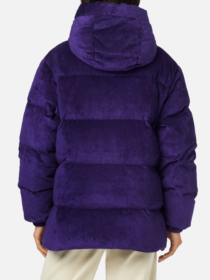 Woman purple corduroy down padded jacket with hoodie