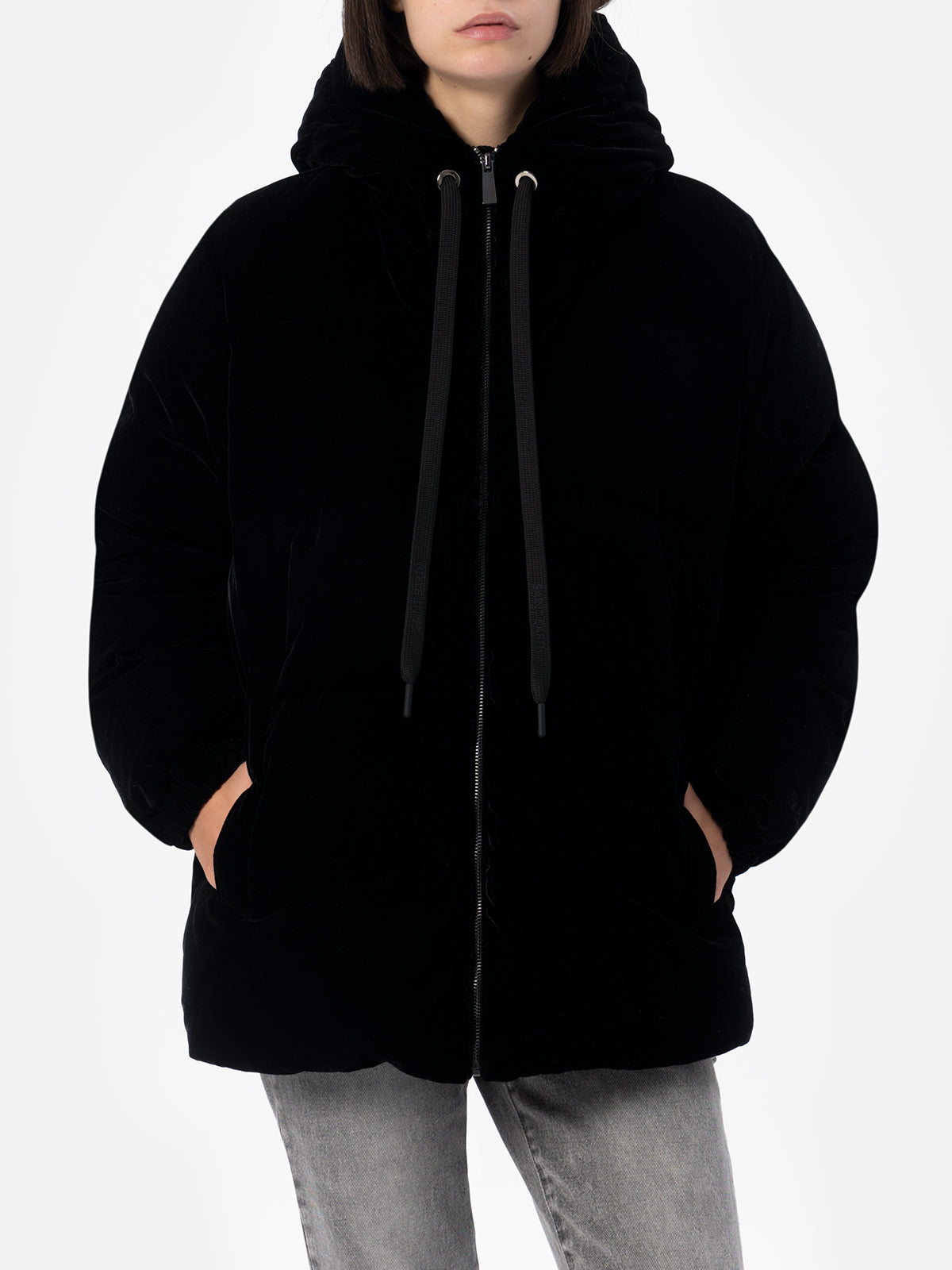 Woman black velvet hooded down padded jacket - MC2 Saint Barth