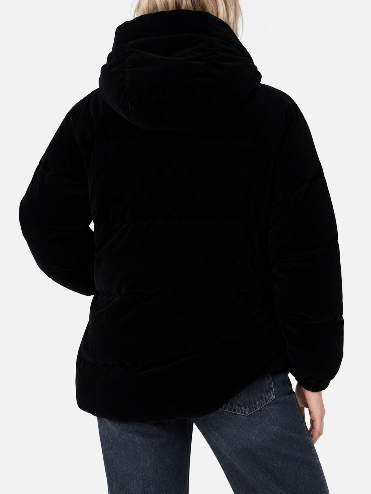 Chaqueta de plumón con capucha de terciopelo negro Geneve 