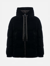 Woman black velvet hooded down padded jacket