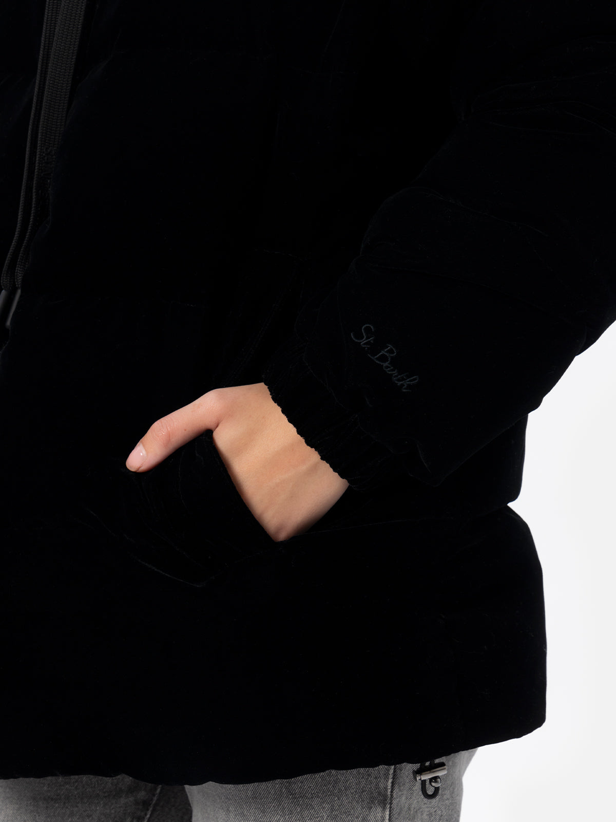 Woman black velvet hooded down padded jacket - MC2 Saint Barth