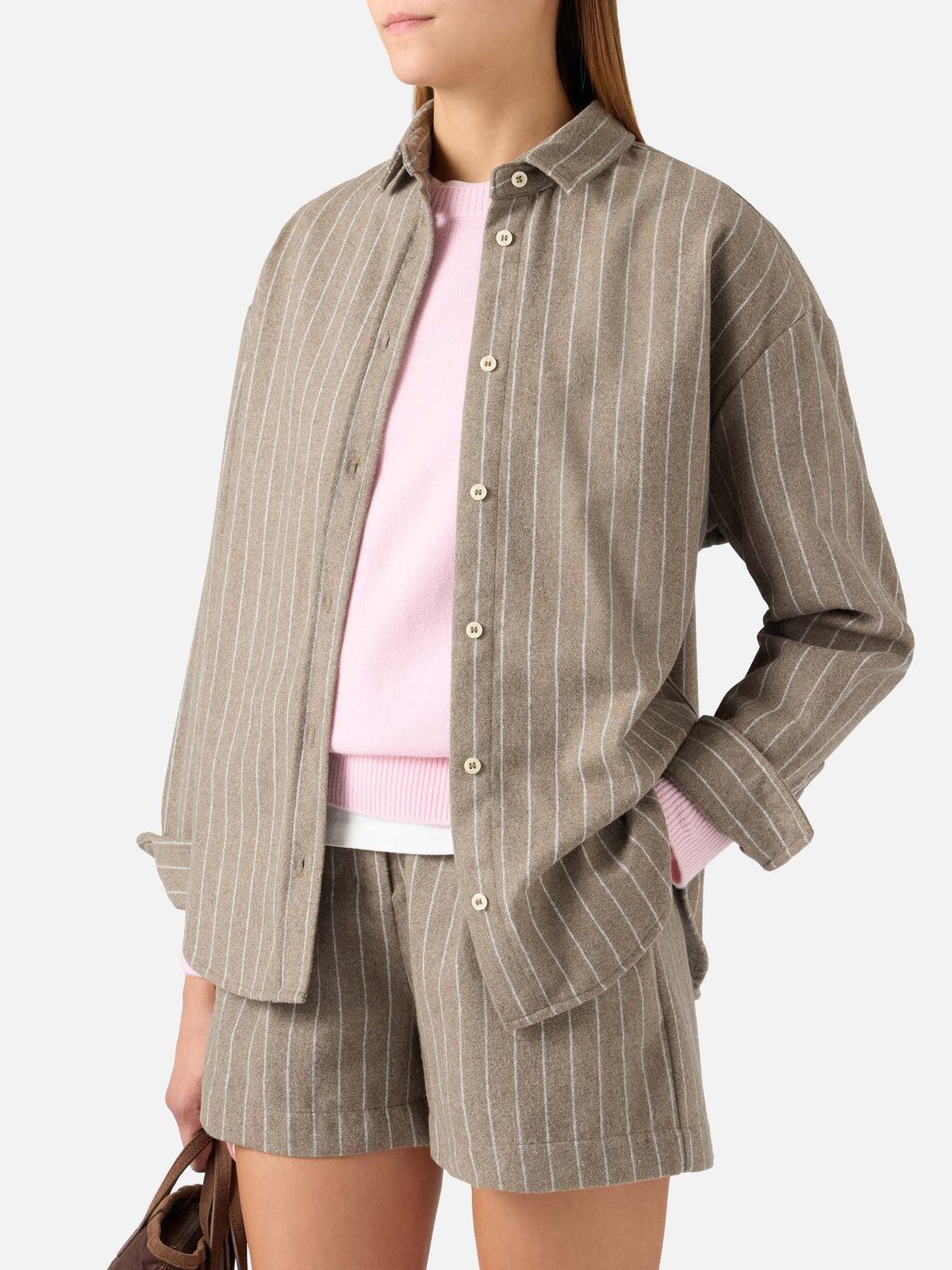 Camicia Gigy beige in flanella di misto lana gessata con logo in strass