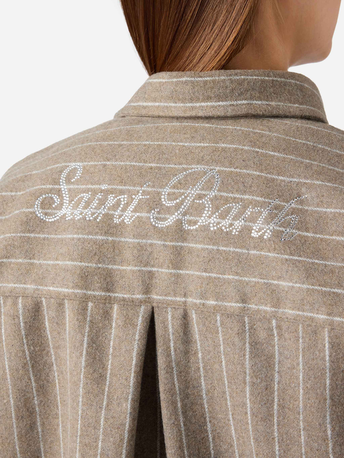 Camicia Gigy beige in flanella di misto lana gessata con logo in strass