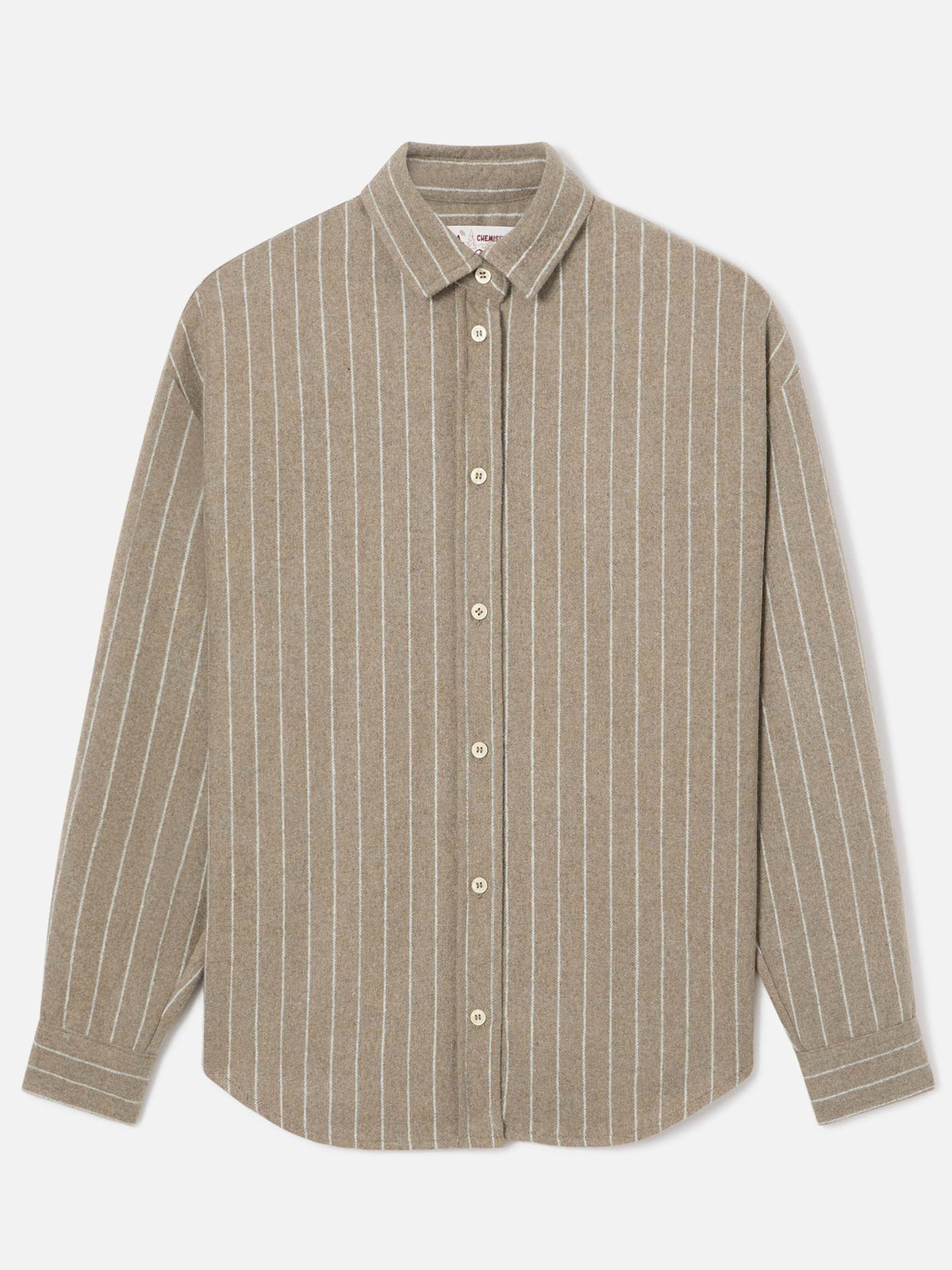 Beiges Gigy-Hemd aus Flanell in Wollmischung mit Nadelstreifen und Strass-Logo 