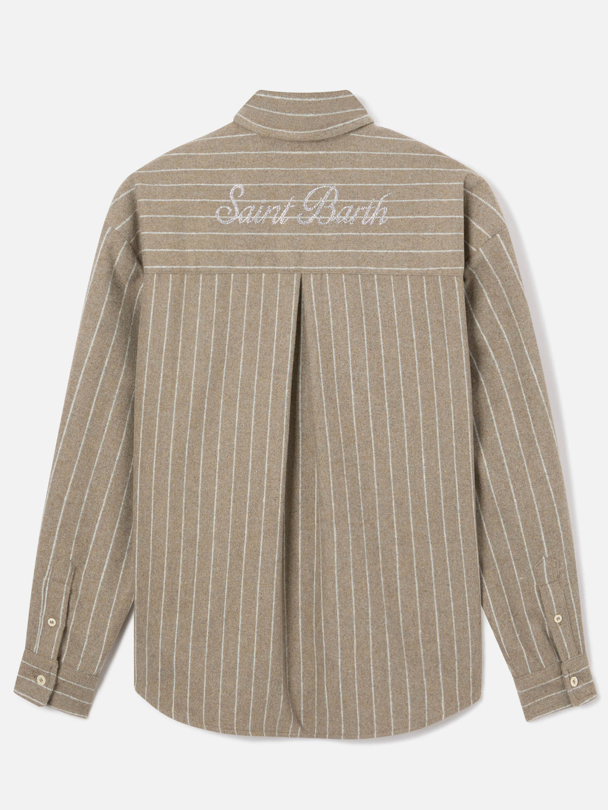 Beiges Gigy-Hemd aus Flanell in Wollmischung mit Nadelstreifen und Strass-Logo 