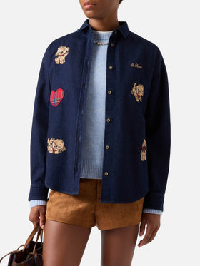 Blue Gigy cotton denim shirt with poodle embroidery