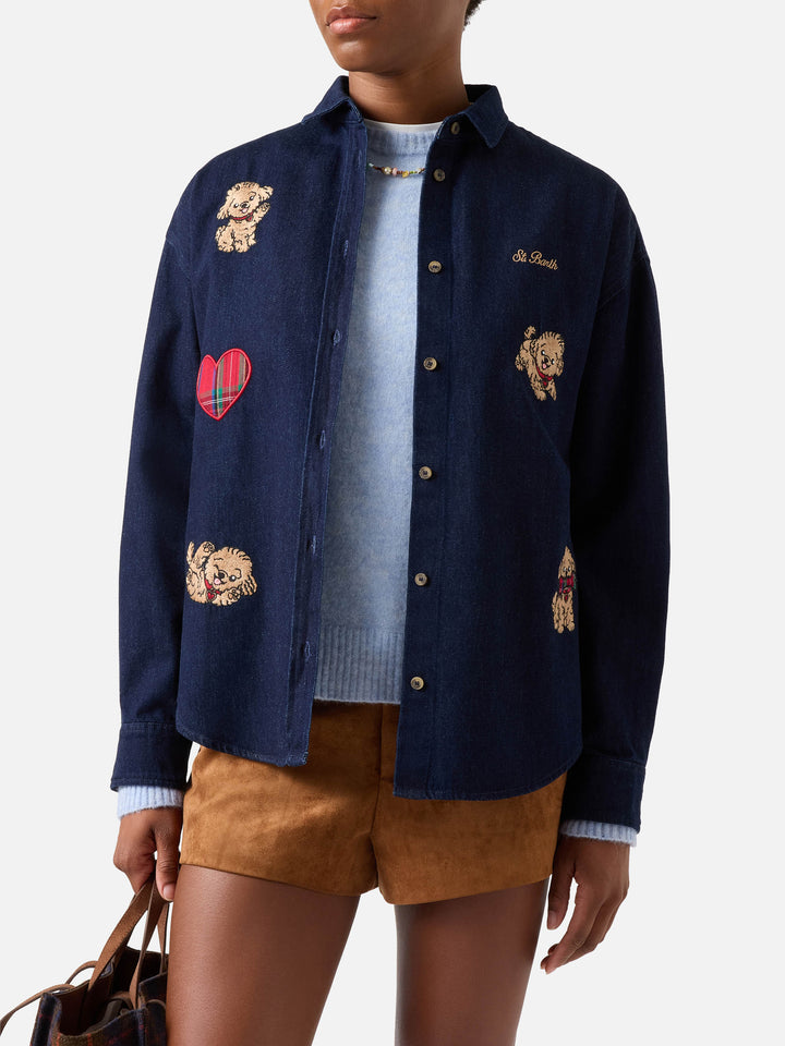 Blue Gigy cotton denim shirt with poodle embroidery
