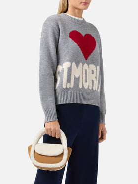 Gilda Mutton Suede Handbag in beige faux suede and shearling