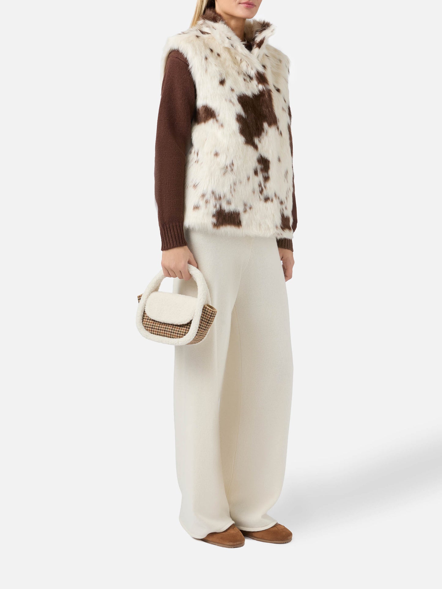 Gilda Mutton Wool Handbag in houndstooth wool and shearling