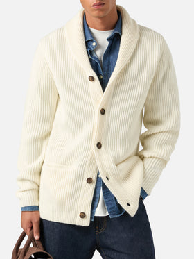 Cardigan Glasgow bianco panna in lana con collo a scialle