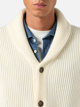 Cardigan Glasgow bianco panna in lana con collo a scialle