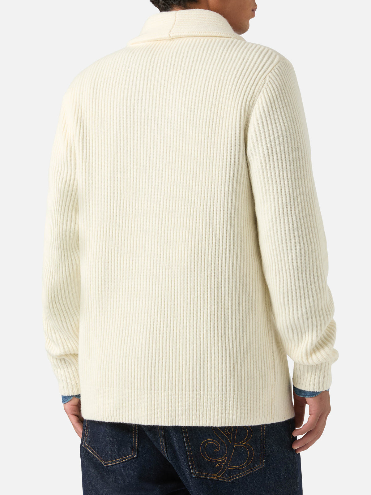 Cardigan Glasgow bianco panna in lana con collo a scialle