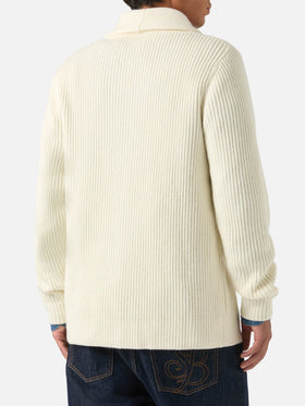 Cardigan Glasgow bianco panna in lana con collo a scialle