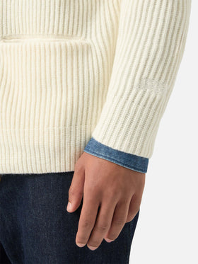 Cardigan Glasgow bianco panna in lana con collo a scialle