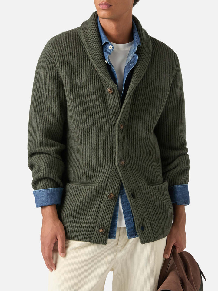 Green Glasgow wool cardigan with shawl collar