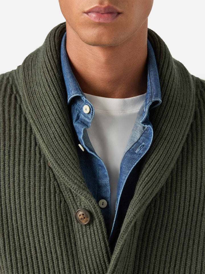 Green Glasgow wool cardigan with shawl collar
