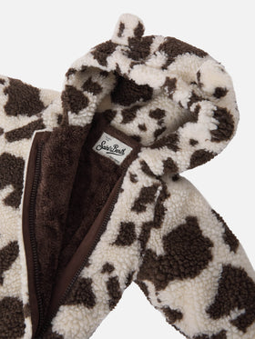 Gefütterter Glace Teddy Schneeanzug mit Teddyfutter, Kuhmuster