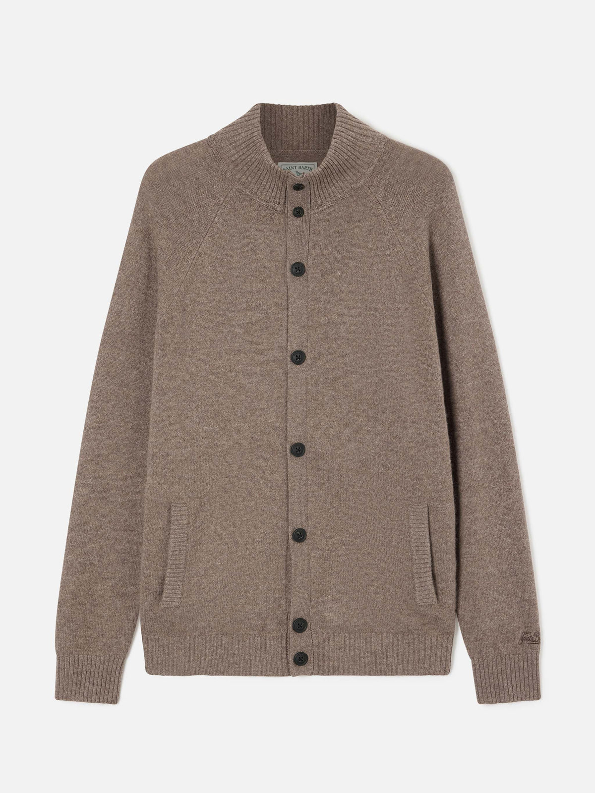 Beiger Galway Cardigan aus Lammwolle mit hohem Kragen 