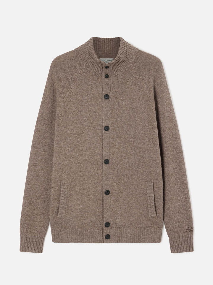 Cardigan Galway en laine d'agneau beige avec col montant 