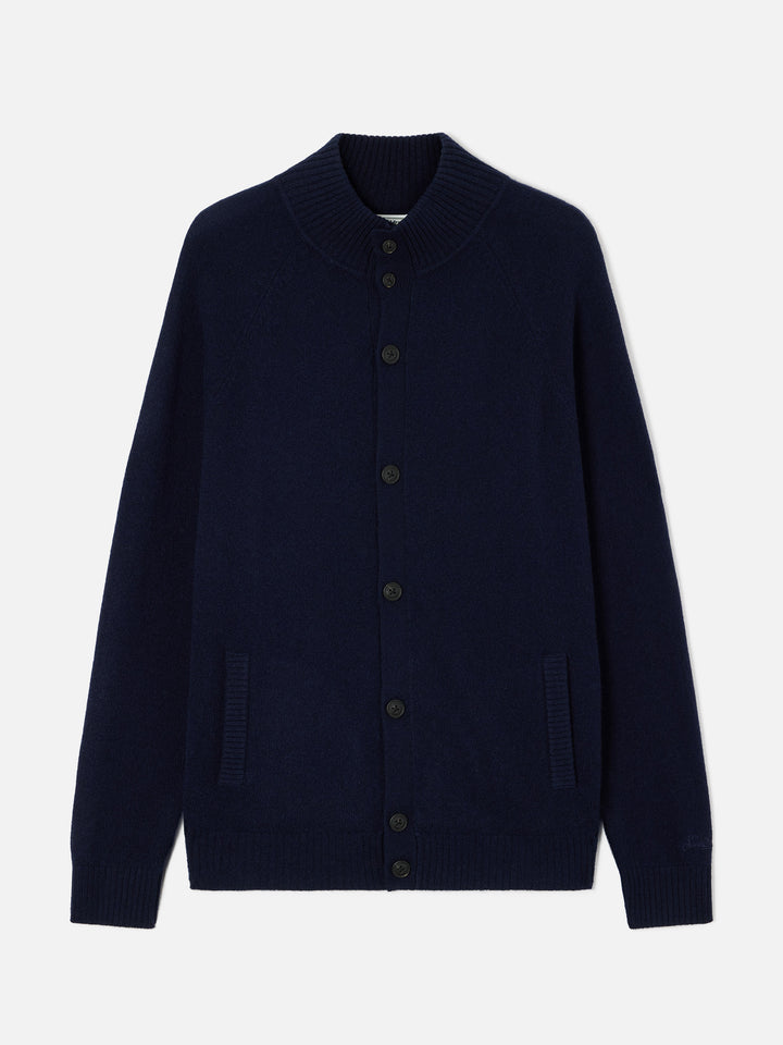 Cardigan Galway en laine d’agneau Navy blue avec col montant 