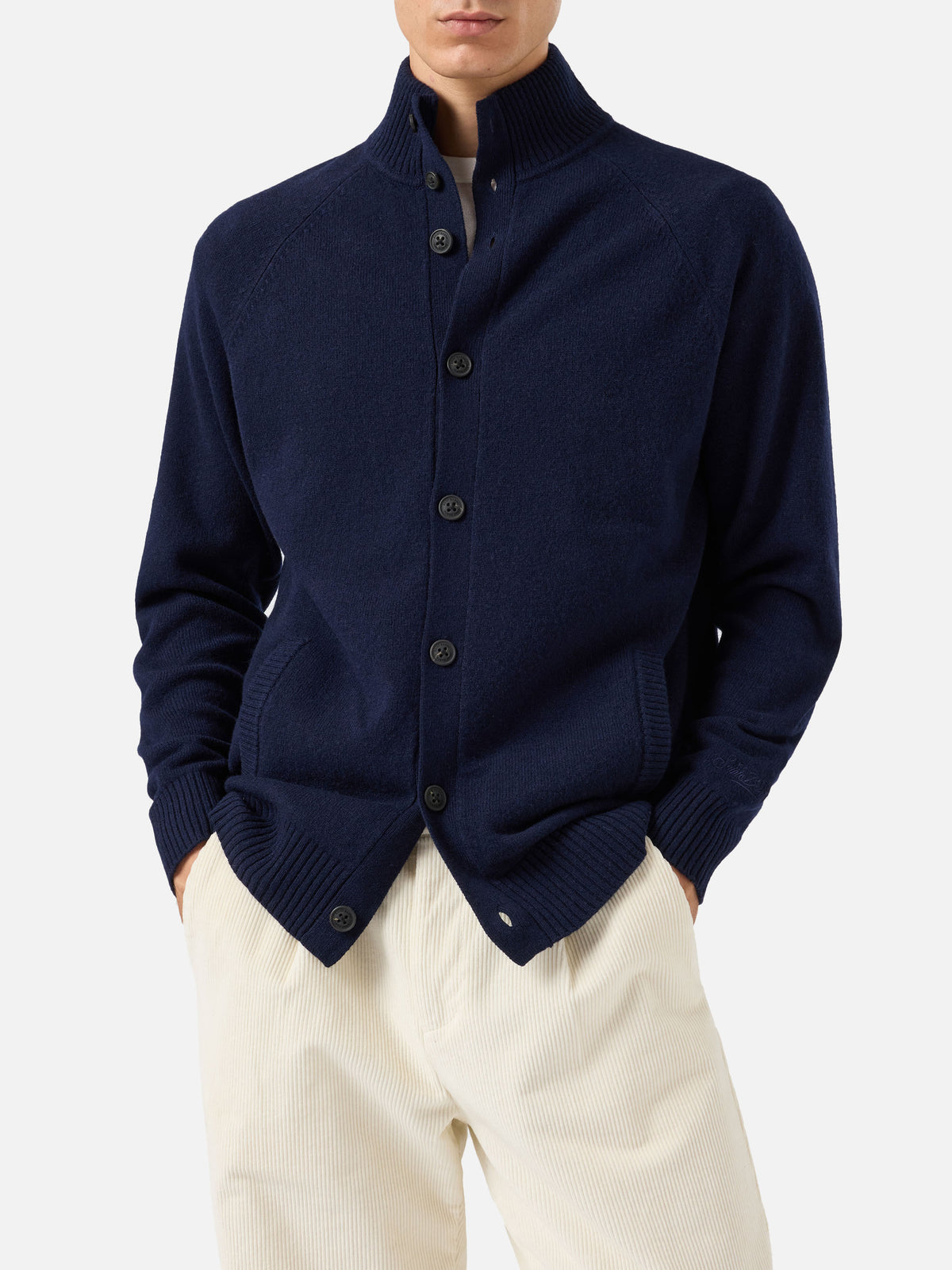 Cárdigan Galway de lambswool Navy blue con cuello alto 