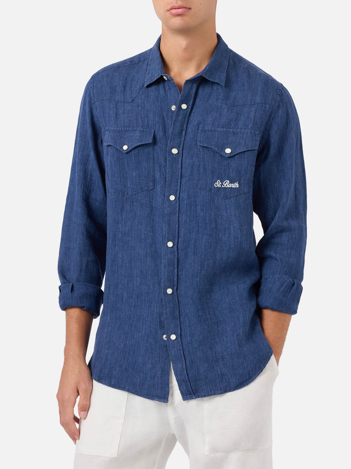 Chemise Greg en lin bleu effet denim 