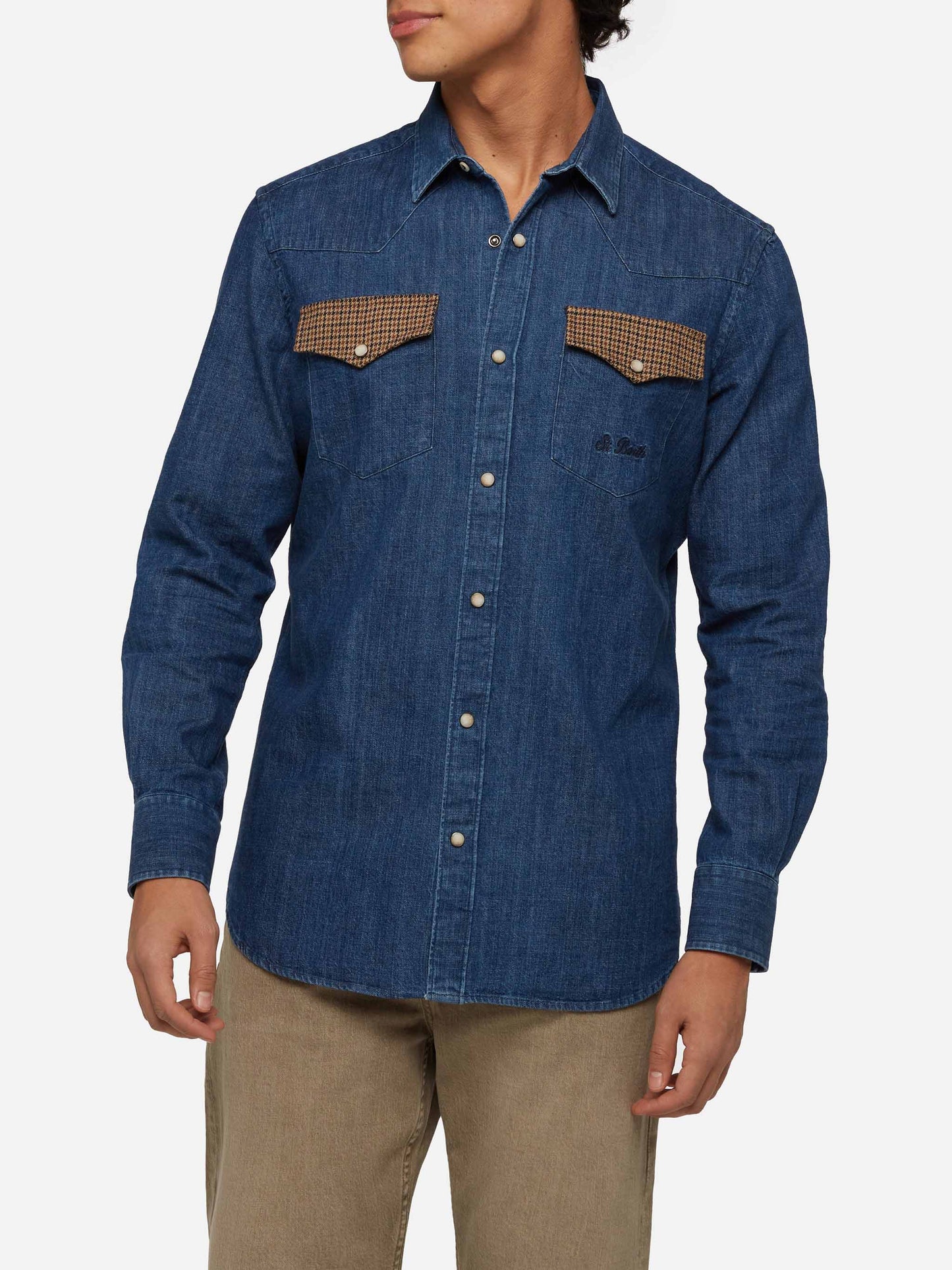 Denim shirt Greg with pied de poul patches - MC2 Saint Barth