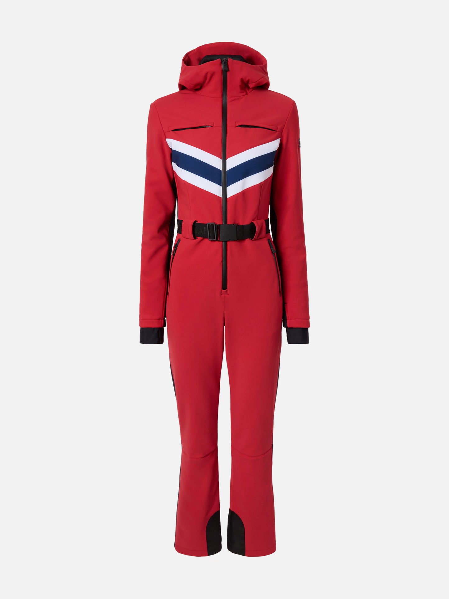 Woman red ski suit Garmisch with RECCO® technology