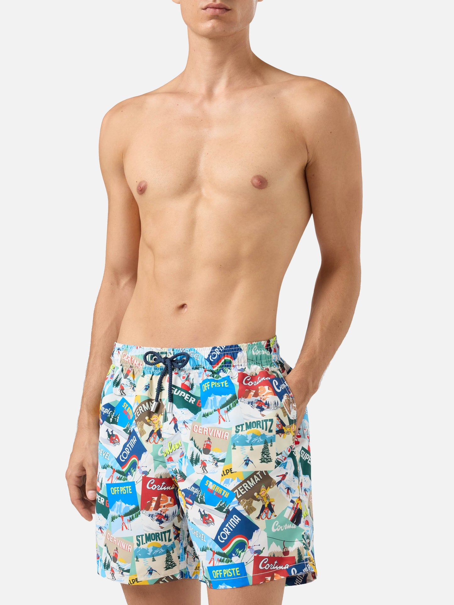 Mid-length Gustavia swim-shorts with postcards print