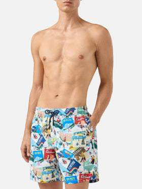 Mid-length Gustavia swim-shorts with postcards print