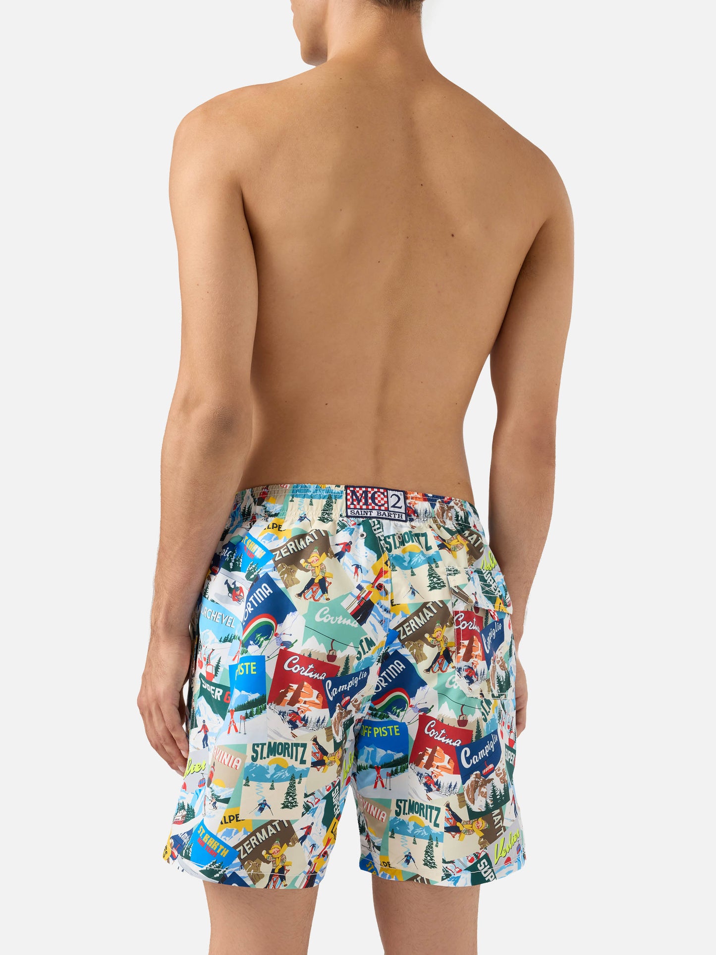 Mid-length Gustavia swim-shorts with postcards print