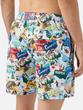 Mid-length Gustavia swim-shorts with postcards print