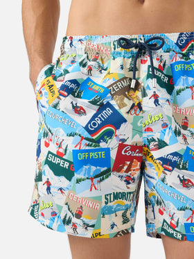 Mid-length Gustavia swim-shorts with postcards print