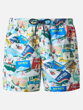 Mid-length Gustavia swim-shorts with postcards print