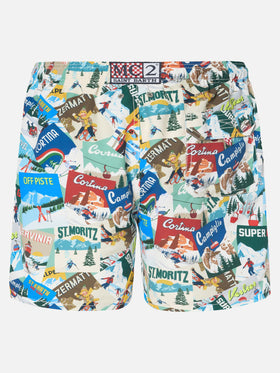 Mid-length Gustavia swim-shorts with postcards print