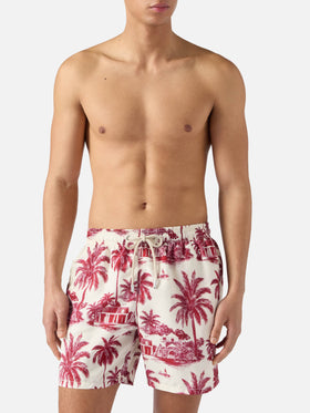 Gustavia swim shorts with burgundy toile de jouy print | Special Edition