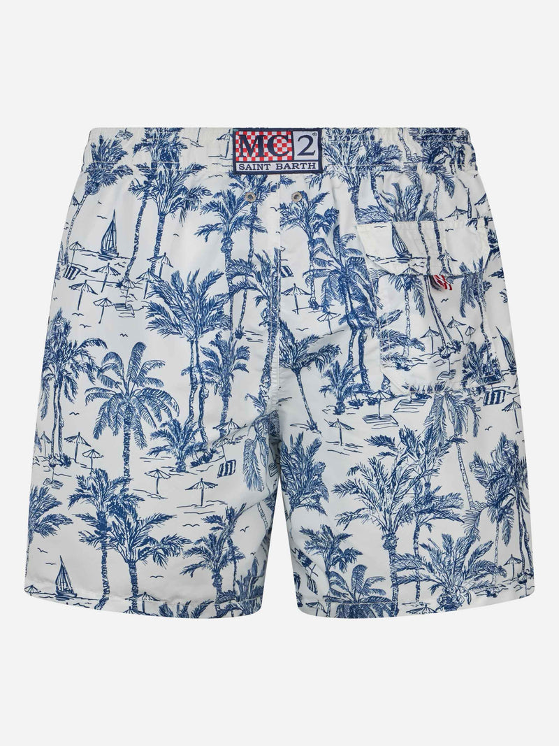 Man mid-length Gustavia swim-shorts with toile de jouy print