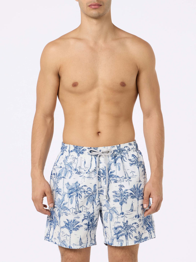 Man mid-length Gustavia swim-shorts with toile de jouy print