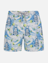 Mittellange gestreifte Gustavia-Badeshorts für Herren mit Gin-Print | GIN MARE SONDEREDITION