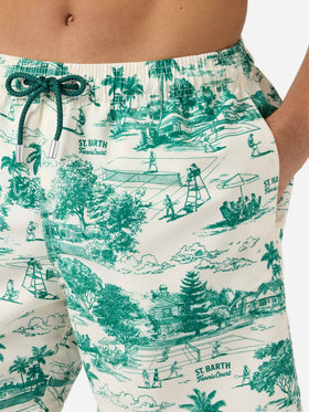 Gustavia swim shorts with green toile de jouy print