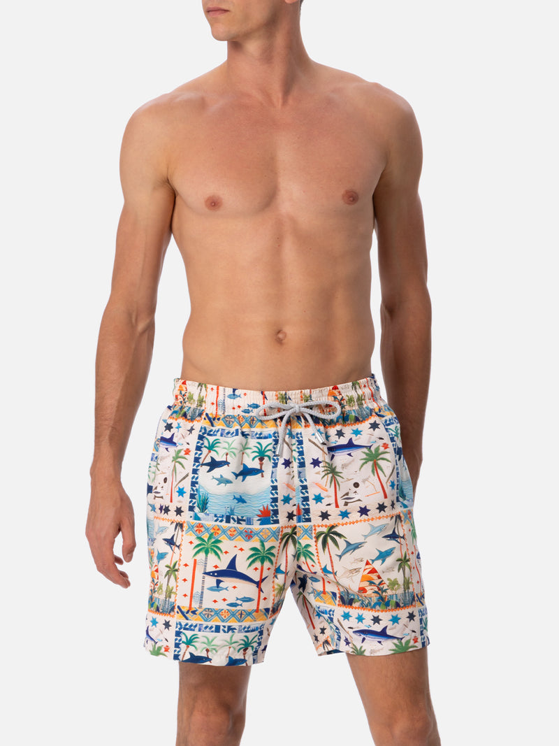 Man mid-length Gustavia swim-shorts with Egyptian shark print | AI CO-CREATED DESIGN BY RICKDICK - POWERED BY RED-EYE